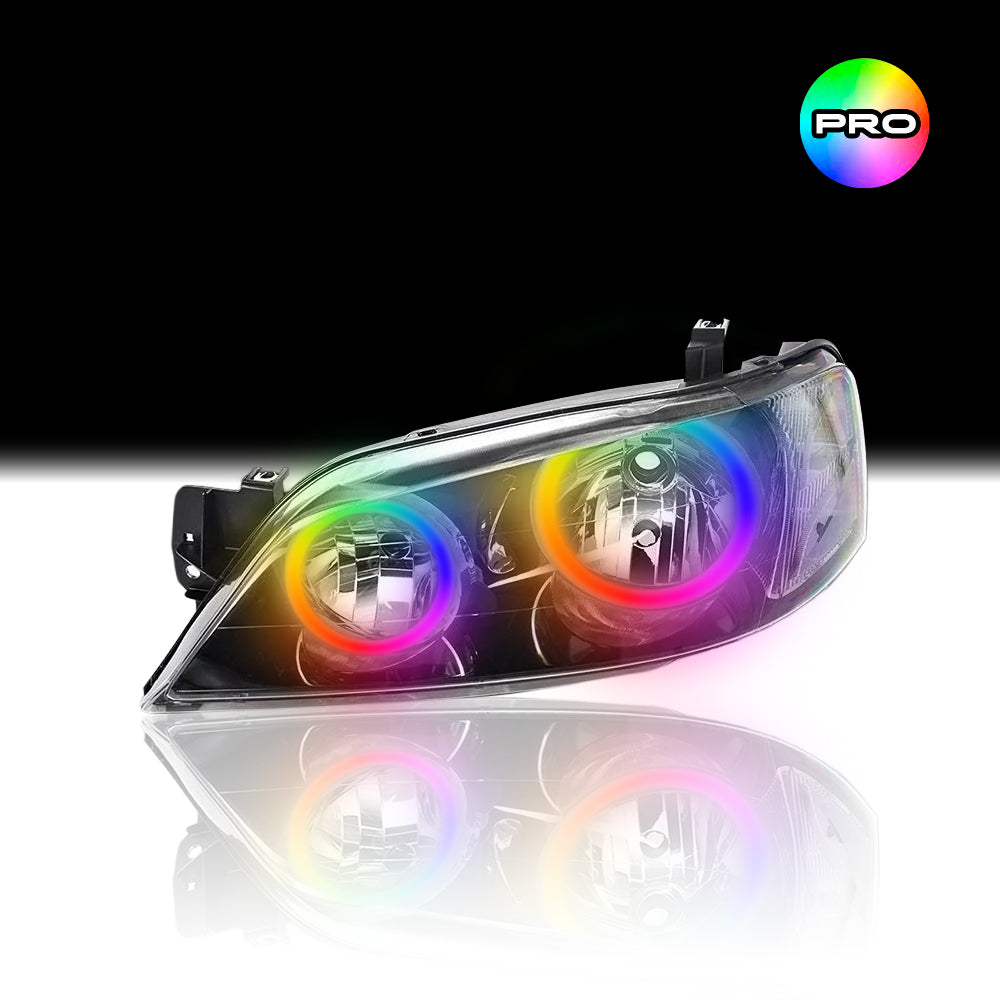 Custom RGB angel eye headlights for Ford BA BF XT Falcon with RGBW colour-changing halo rings by Spectrum Angel Eyes