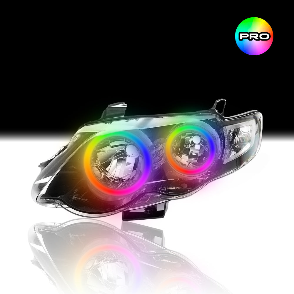 Custom RGB angel eye lights for Ford FG XR6 XR8 MK1 Headlights with RGBW colour-changing halo rings by Spectrum Angel Eyes