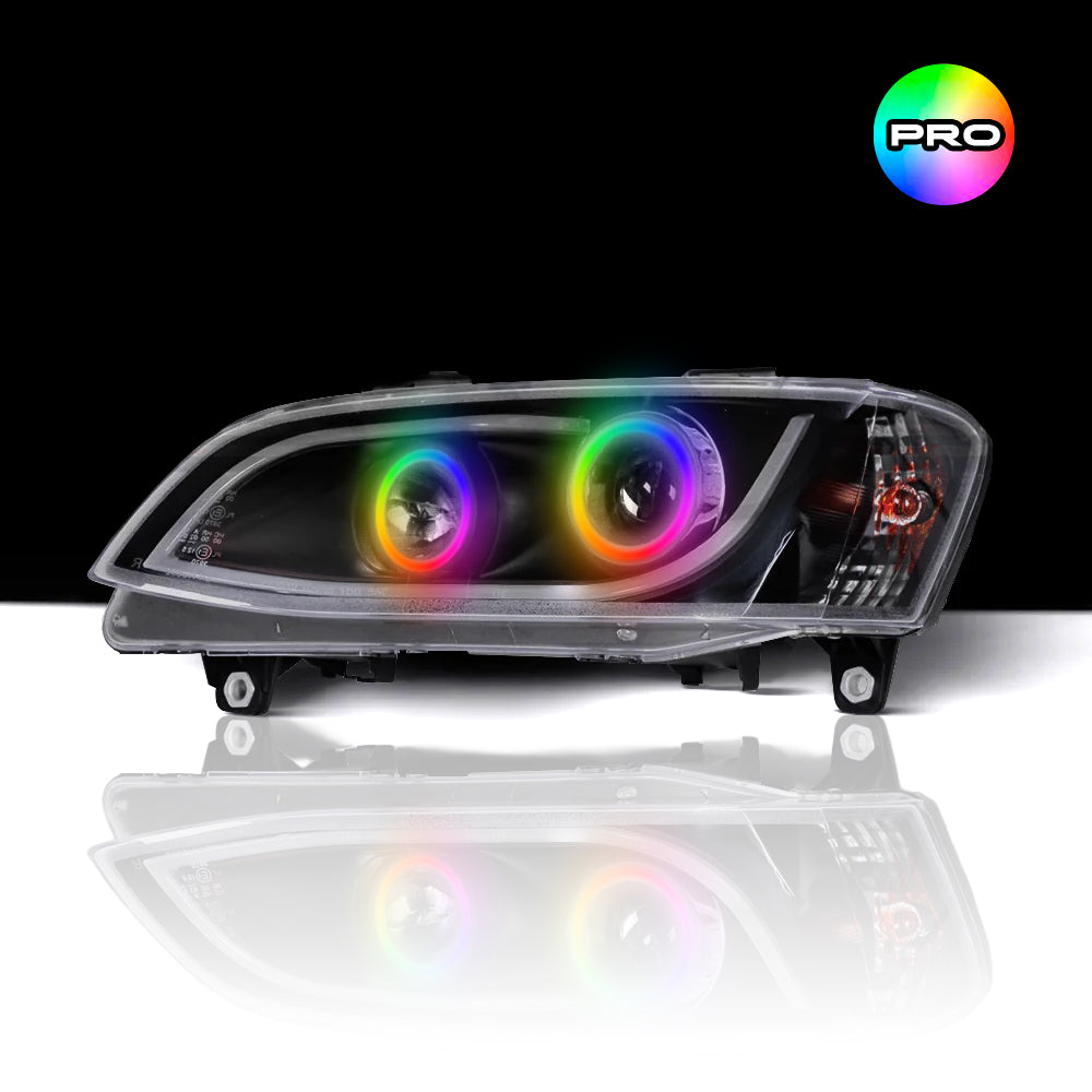 Custom RGB angel eye lights for Holden VE Series 1 Black DRL Headlights with RGBW colour-changing halo rings by Spectrum Angel Eyes