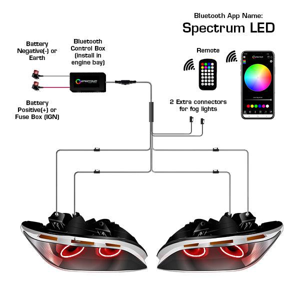 Wiring diagram for Holden VE Series 1 headlights with red Spectrum Angel Eyes, remote, and Bluetooth app control.