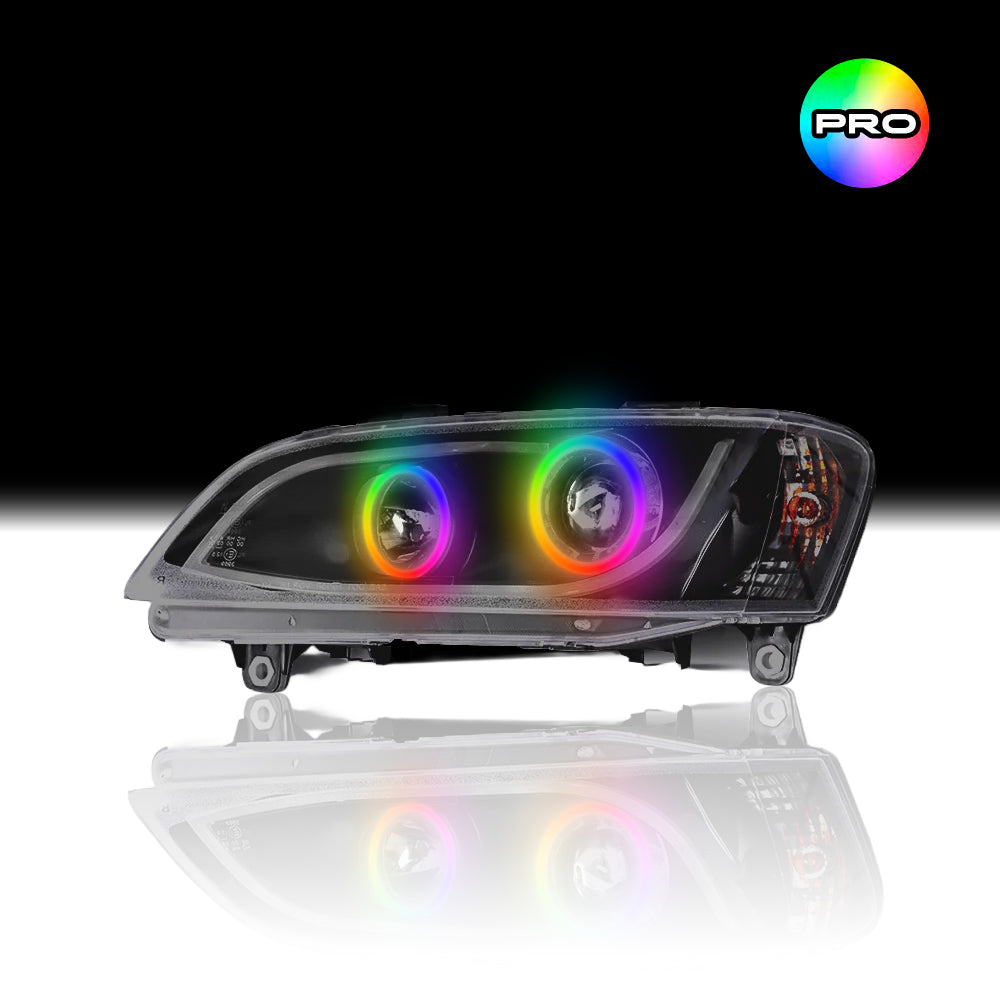 Custom RGB angel eye lights for Holden VE Series 2 Black DRL Headlights with RGBW colour-changing halo rings by Spectrum Angel Eyes