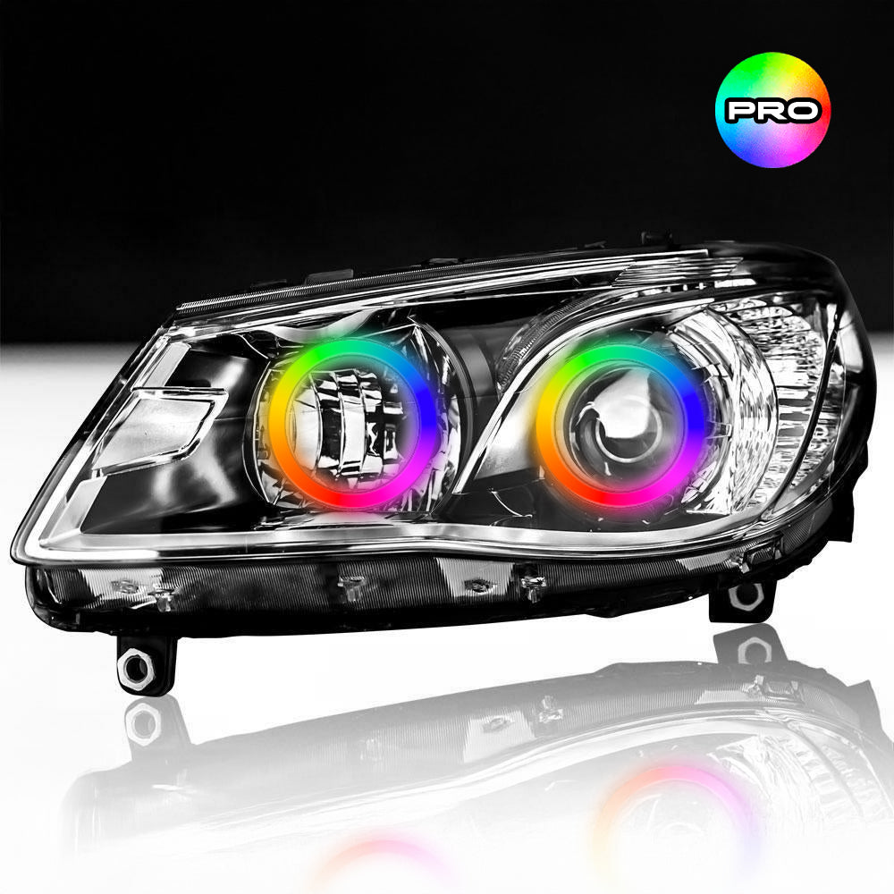 Custom RGB angel eye headlights for Holden VF Commodore with RGBW colour-changing halo rings by Spectrum Angel Eyes