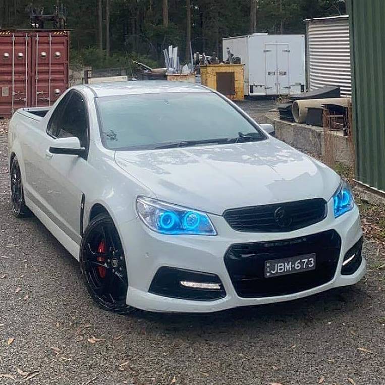 White Holden VF Commodore ute with blue Spectrum Angel Eye headlights installed - customer photo