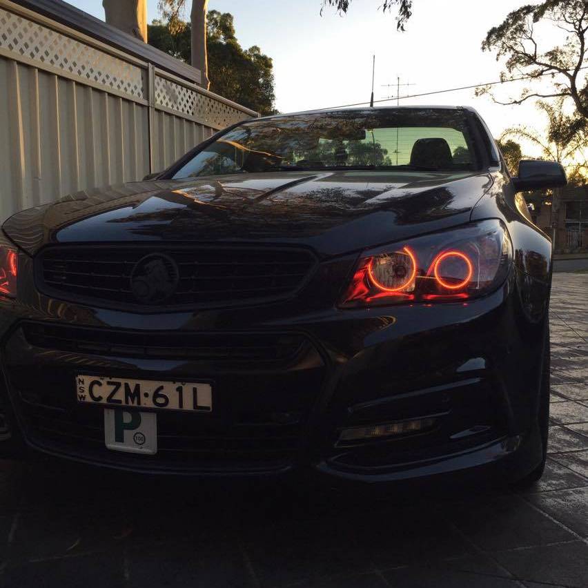 Custom LED halo headlights for Holden VF Commodore with red angel eyes by Spectrum