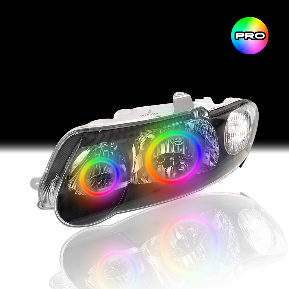 Custom RGB angel eye headlights for Holden VX Commodore with RGBW colour-changing halo rings by Spectrum Angel Eyes