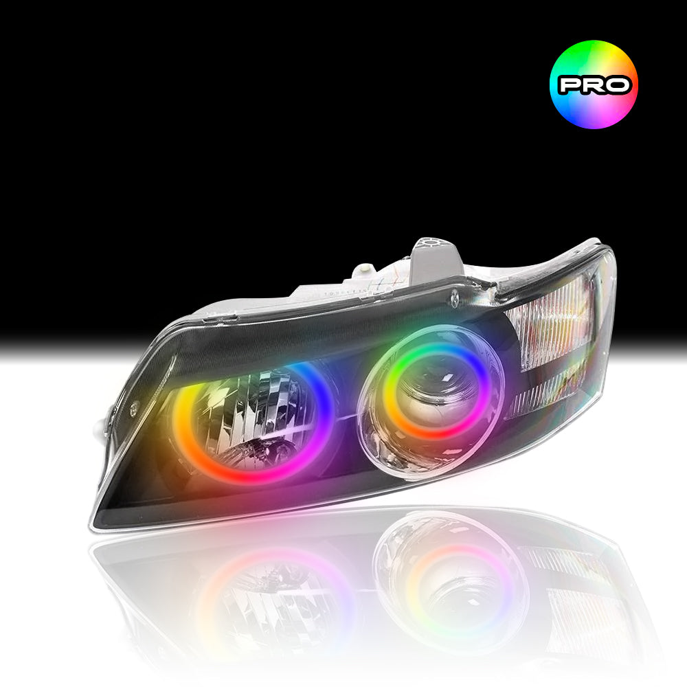 Custom RGB angel eye lights for Holden VY Berlina/Calais/HSV Headlights with RGBW colour-changing halo rings by Spectrum Angel Eyes