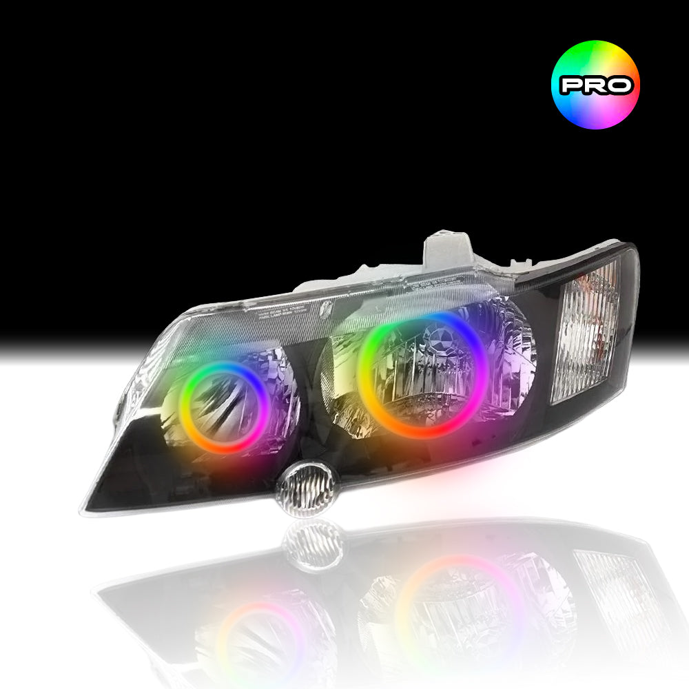 Custom RGB angel eye lights for Holden VY SS Headlights with RGBW colour-changing halo rings by Spectrum Angel Eyes