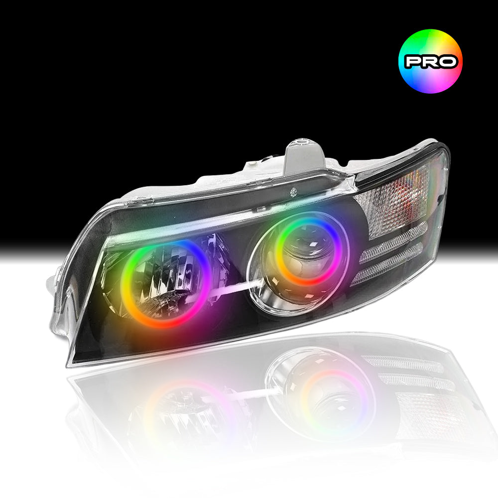 Custom RGB angel eye lights for Holden VZ Headlights with RGBW colour-changing halo rings by Spectrum Angel Eyes