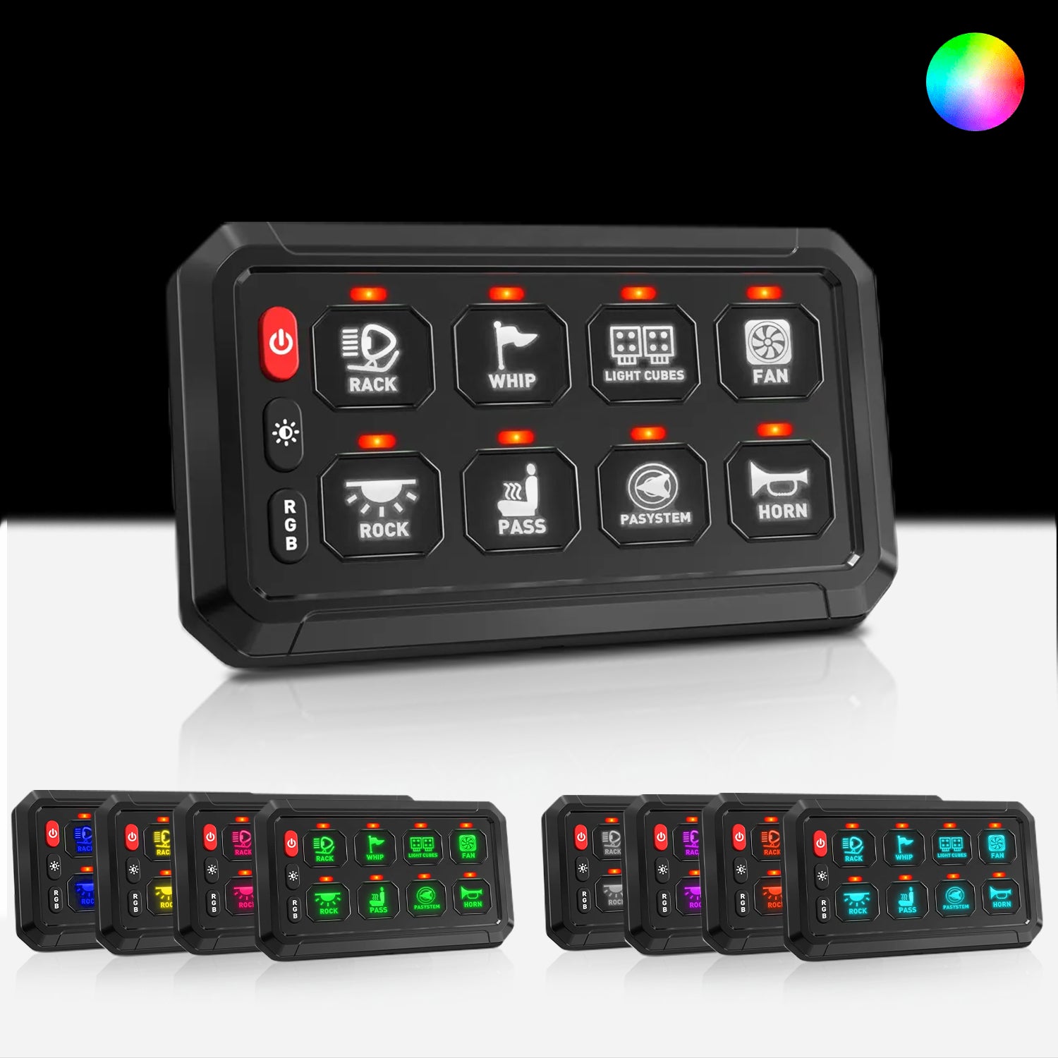 Custom RGB angel eye lights for Spectrum 8 Gang Switch Panel with RGBW colour-changing halo rings by Spectrum Angel Eyes