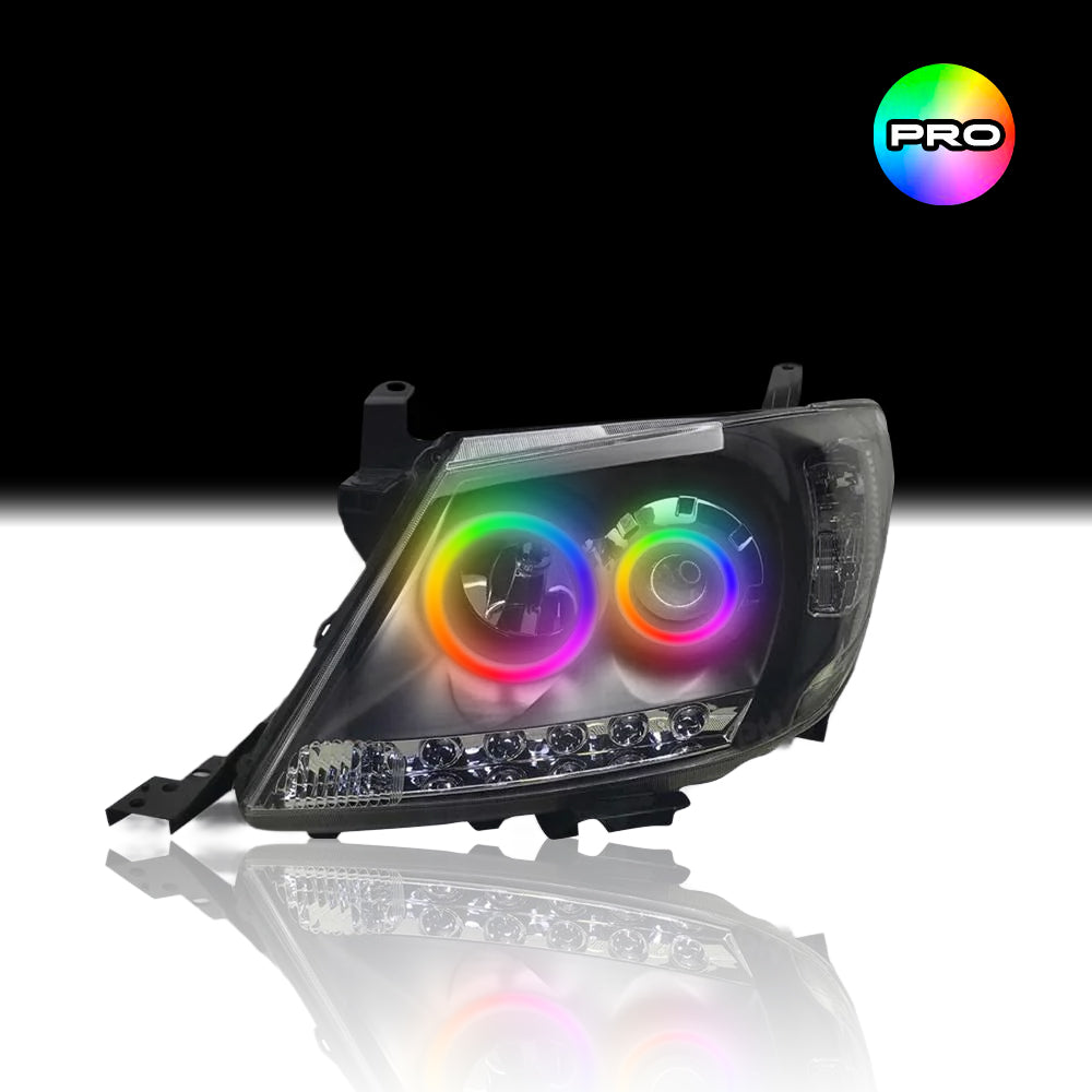 Custom RGB angel eye lights for Toyota Hilux N70 2005-2011 Headlights with RGBW colour-changing halo rings by Spectrum Angel Eyes