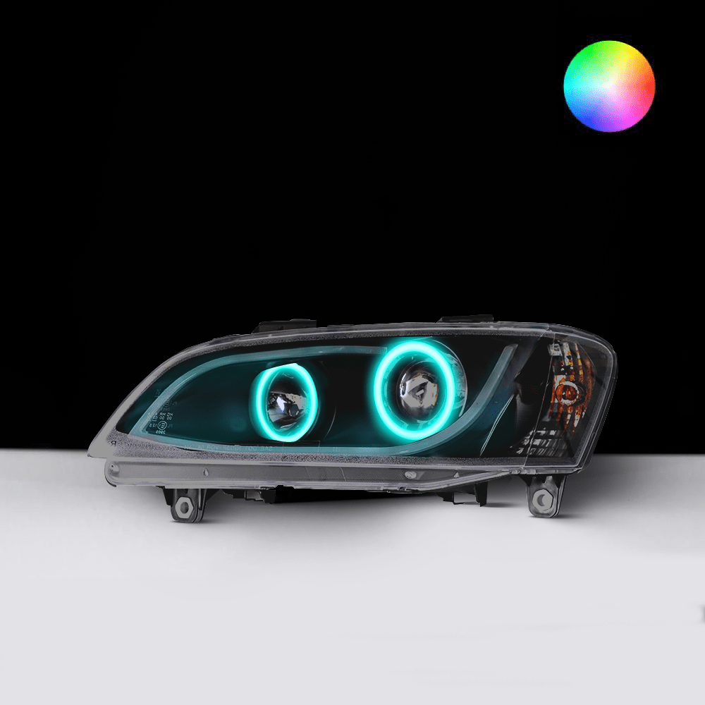 Holden VE Series 1 Black DRL Headlights with cyan LED angel eye halo lights by Spectrum