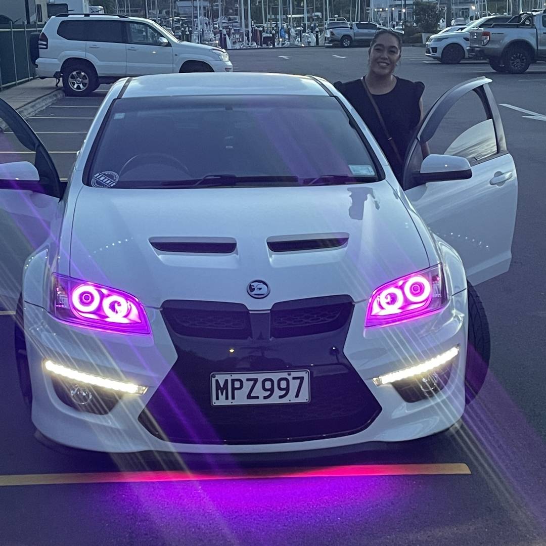 Holden VE Series 1 Black DRL Headlights with pink LED angel eye halo lights by Spectrum