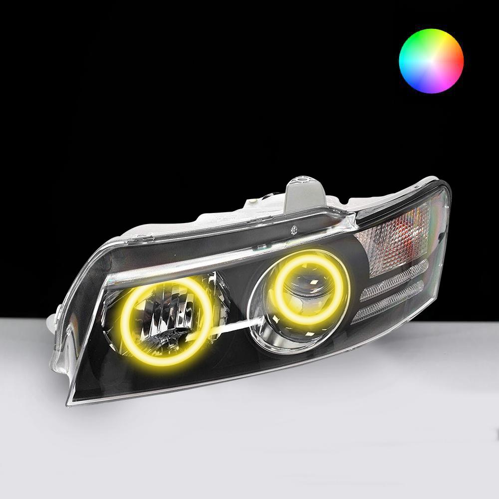 Holden VZ Headlights with yellow LED angel eye halo lights by Spectrum
