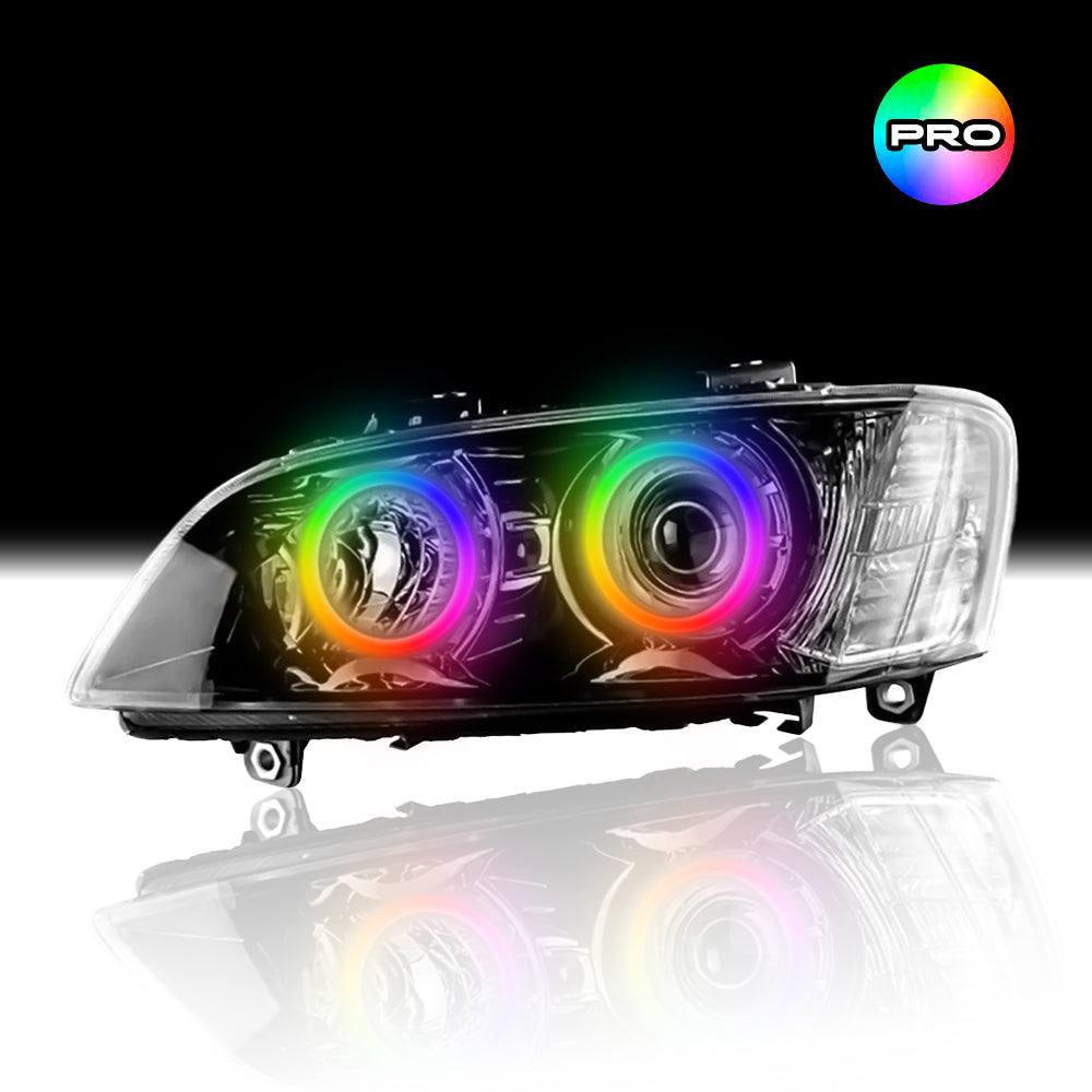 Custom RGB angel eye lights for Pontiac G8 Headlights with RGBW colour-changing halo rings by Spectrum Angel Eyes